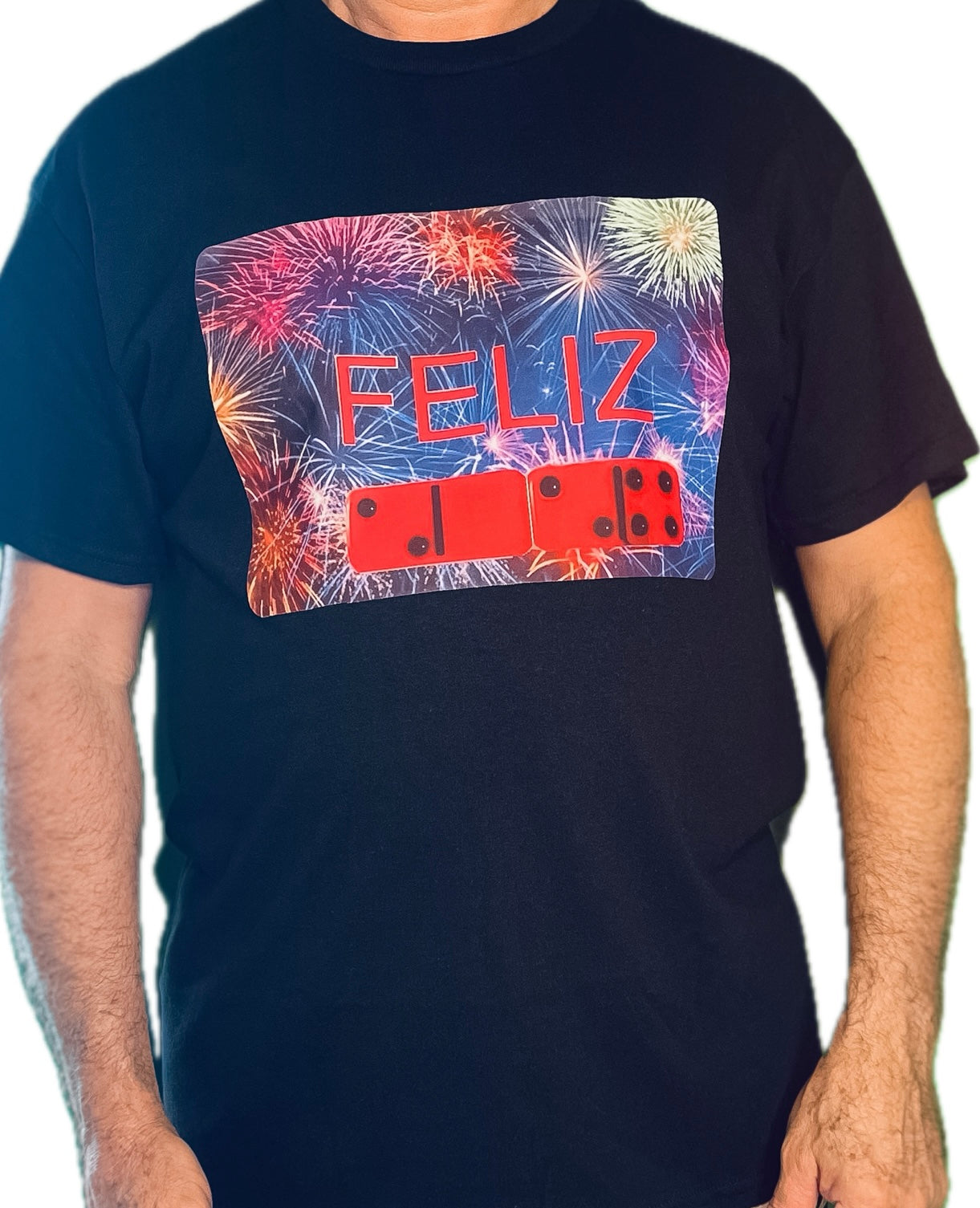 White T-shirt With "Feliz 2024" Dominos and Fireworks Images