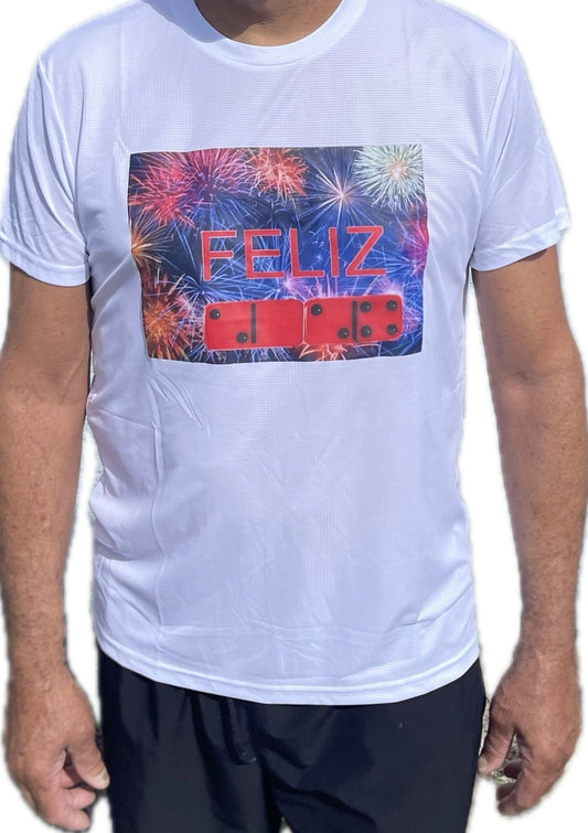 White T-shirt With "Feliz 2024" Dominos and Fireworks Images